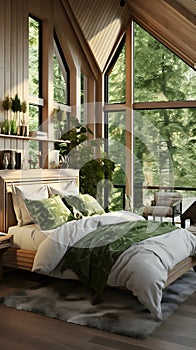 a bedroom with a large window and a bed Farmhouse interior Master Bedroom with Forest Green color