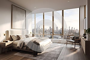 A bedroom with a large window overlooking a city