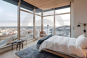 A bedroom with a large window overlooking a city