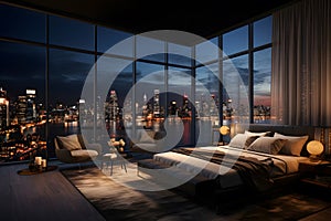 A bedroom with a large window overlooking a city