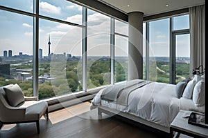 A bedroom with a large window overlooking a city