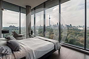 A bedroom with a large window overlooking a city