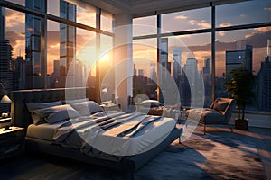 A bedroom with a large window overlooking a city