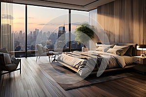 A bedroom with a large window overlooking a city