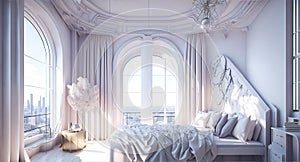 A bedroom with a large window and a white bed created with Generative AI technology