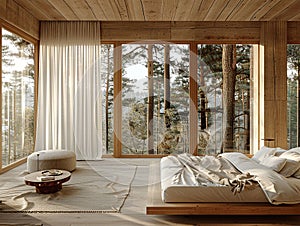 A bedroom with large windows overlooking the forest