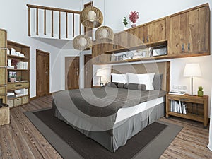 Bedroom loft-style with wooden furniture and white walls.