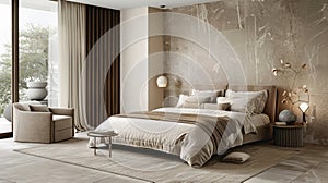 A bedroom with matte finish bedding and dries in neutral tones giving off a subtle yet luxurious feel. The absence of