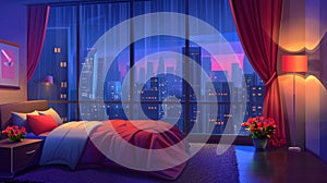 A bedroom in a modern apartment with a city view at night, having a bed, a floor lamp, flowers, curtains and a panoramic