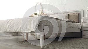 Bedroom of my dream. Tracking shot of elegant bedroom in a stylish, classically designed home with a contemporary feel