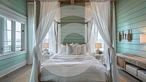 The bedroom in the nautical retreat features a large fourposter bed made of whitewashed wood adorned with white curtains