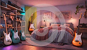 A bedroom with neon lights highlighting a collection of