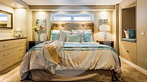 a bedroom within a newly designed home, characterized by its architecturally inspired layout and soothing neutral tones