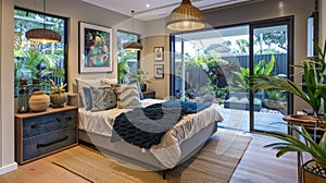 a bedroom within a newly designed home, characterized by its architecturally inspired layout and soothing neutral tones