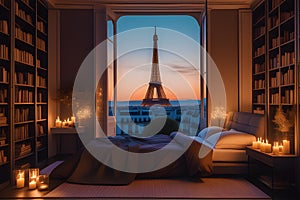 bedroom at night with lights and beautiful view of Effiel tower