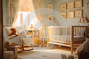Bedroom nursery, bathed in soft golden light filtering through translucent curtains. AI Generated