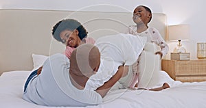 Bedroom, pillow fight and black family father, happy kids or people bonding, fun and papa playing with young youth. Home