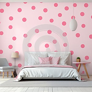 a bedroom with pink polka dots on the wall