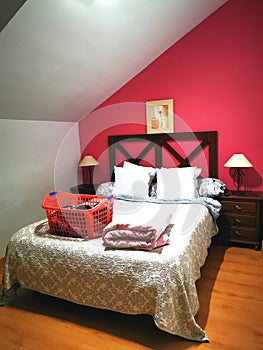 bedroom with pink wall in attic