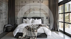 In the bedroom a plush velvet upholstered bed beckons you to relax and unwind. The concrete walls are softened with
