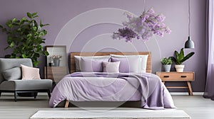 a bedroom with purple walls and a bed Mid-Century interior Master Bedroom with Lavender color theme