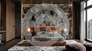 In the bedroom a raw copper bed frame acts as the focal point against a textured stone wall. A luxurious faux fur throw