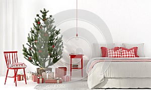 Bedroom with red decorations and Christmas tree