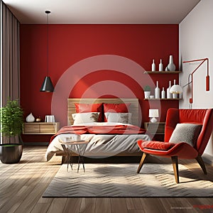 a bedroom with red walls and a bed Scandinavian interior Master Bedroom with Deep Red color theme