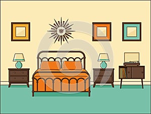 Bedroom retro interior. Hotel room in flat design. Vector illustration.