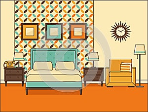 Bedroom retro interior. Hotel room in flat design. Vector illustration.