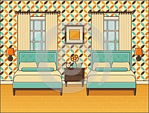 Bedroom retro interior. Hotel room in flat design. Vector illustration.