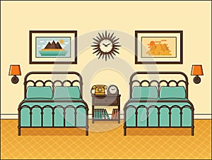 Bedroom retro interior. Hotel room in flat design. Vector illustration.