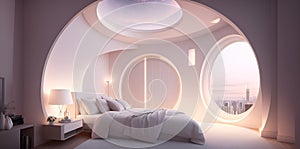 A bedroom with a round window and a white bed created with Generative AI technology