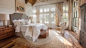 Bedroom in a rustic cottage with large windows