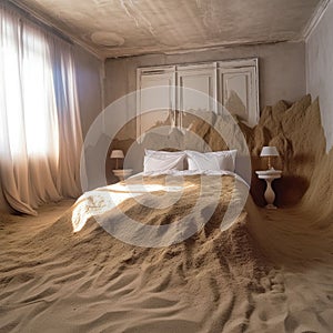 Bedroom with a sandy floor, blown away by a gust of wind, AI-generated.