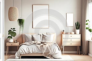 Bedroom scandinavian style with empty frame mockup. Generative ai