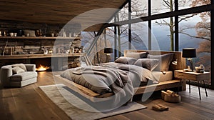 The bedroom in the Scandinavian style with a spacious bed and natural mater