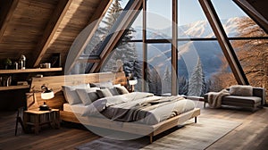 The bedroom in the Scandinavian style with a spacious bed and natural materia