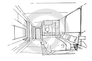 bedroom sketch,a line drawing Using interior architecture, assembling graphics, working in architecture, and interior design,