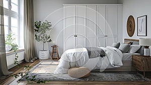 bedroom in soft light colors. big comfortable double bed in elegant classic bedroom