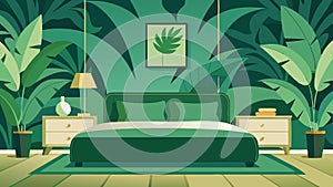 A bedroom with a statement wall covered in oversized green leafpatterned wallpaper..