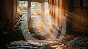 Bedroom with sun rays coming through window,warm and cozy during the golden hour,Tyndall effect photo