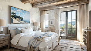 The bedroom is a tranquil oasis with its whitewashed walls and ceiling accented with wooden beams. The plush bed is photo