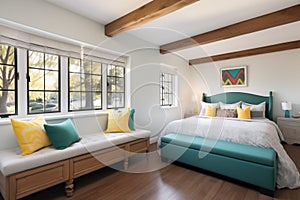 bedroom of tudor home with window bench and view