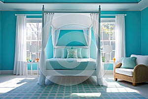 Bedroom with turquoise walls. A four-poster bed, white drapery, blue rugs