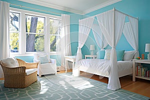 Bedroom with turquoise walls. A four-poster bed, white drapery, blue rugs and coastal artwork create a tranquil mood