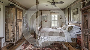 A bedroom with a vintage fourposter bed frame made from reclaimed barnwood adding a touch of nostalgia and authenticity