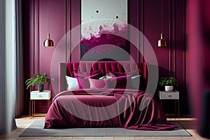 Bedroom in viva magenta and dark burgundy colours interior design. Bedside table . Bright bedroom. Pantone .