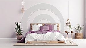 Bedroom wall art mockup, purple color bedroom interior mockup, modern style interior. Generative AI.