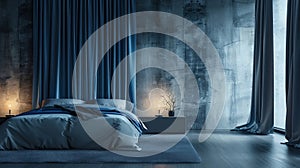 a bedroom with wall in rough light grey concrete with curtain, all lights in shades of blue